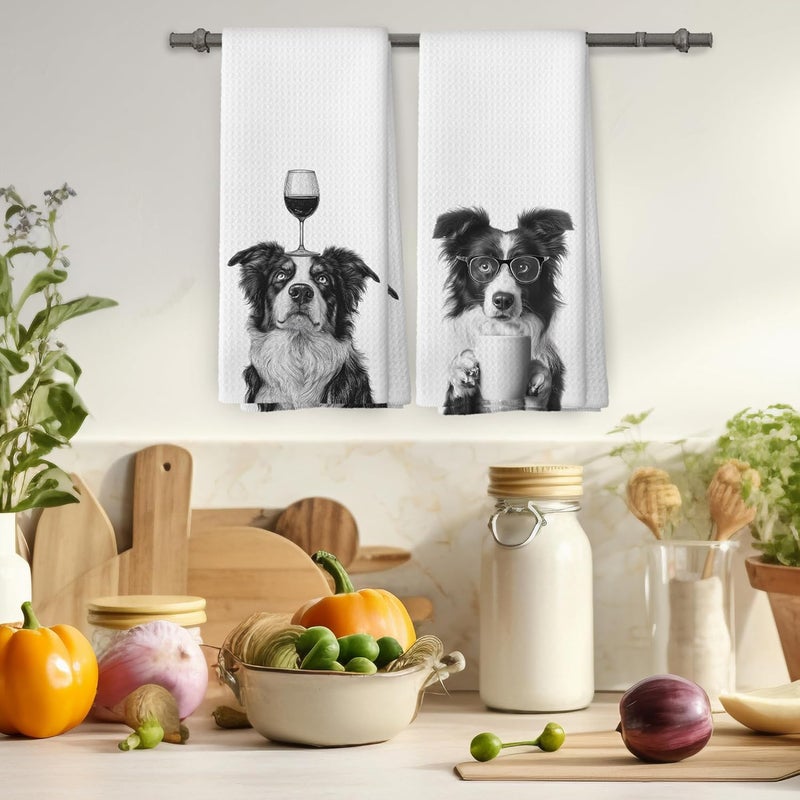 Mcehtle Funny Border Collie Kitchen Towels Set of 2, Funny Dog Kitchen Accessories, Coffee Station Wine Bar Decor, Dog Chef Gift Hand Towel, Dining Room Decorative Tea Towel Dish Towels 16x24 Inch - Image 4